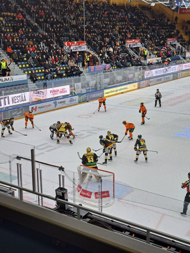 Gruppe von Menschen, die Hockey auf einer Indoor-Eisfläche mit einem Netz und einer Umzäunung spielen, mit Zuschauern im Hintergrund, sichtbaren Bannern und Überdachungsbeleuchtung.