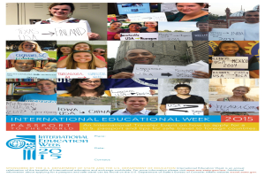 Plakat zur Internationalen Bildungswoche 2015 mit einer Gruppe strahlender Menschen, die Schilder mit textbezogenen Informationen halten.