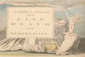 Ein Plakat mit einer leuchtenden Darstellung von Menschen, die in einem Kreis unter einem hellen Licht stehen, mit der Aufschrift "Night the First on Life, Death and Immortality."