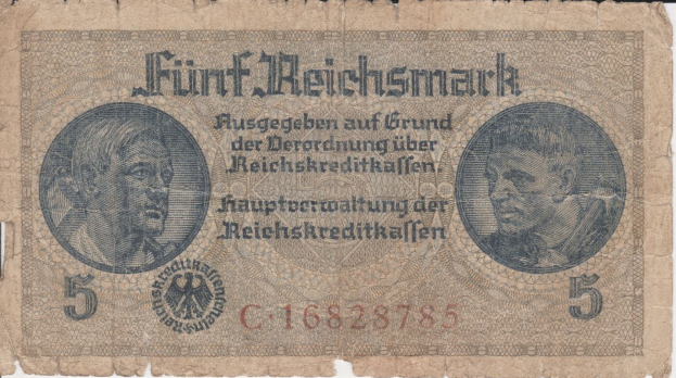 Alte deutsche 5 Reichsmark-Banknote mit einem Männerporträt, aus Deutschland.