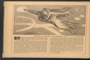 Ein aufgeschlagenes Buch mit einer Zeichnung eines Mannes, der durch die Luft fliegt, umgeben von Sternen und einem Halbmond, mit Text auf der Seite für weitere Details.