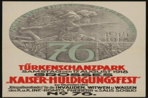 Plakat zum 70. Jubiläum des Kaiser-Huldigungsfestes in Berlin, Deutschland, mit einer Gruppe von Menschen in der Mitte und umgeben von Text und Zahlen, gerahmt in einem Fotorahmen.