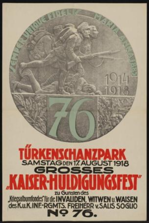 Plakat zum 70. Jubiläum des Kaiser-Huldigungsfestes in Berlin, Deutschland, mit einer Gruppe von Menschen in der Mitte und umgeben von Text und Zahlen, gerahmt in einem Fotorahmen.