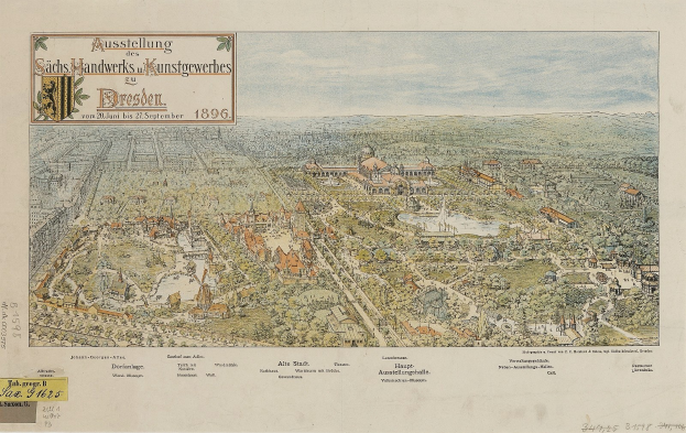 Alte Karte von Dresden, Deutschland, die Gebäude, Bäume und Text auf altem Papier mit einem Himmelhintergrund zeigt.