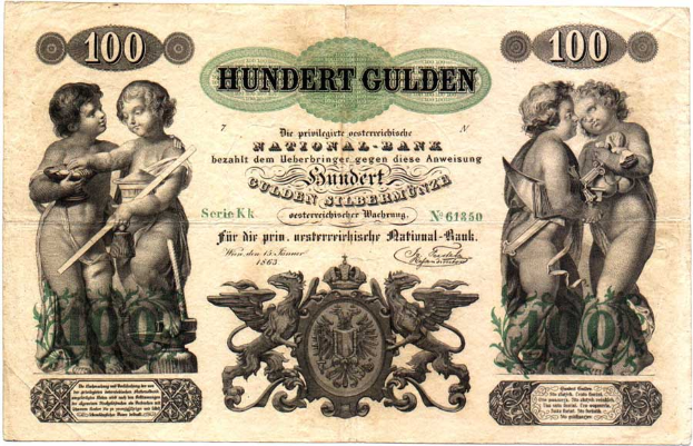 Eine alte deutsche Banknote mit zwei Kindern darauf, mit Zahlen, Text und einem Logo auf einem weißen Hintergrund.