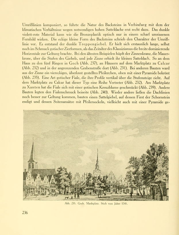 Ein offenes Buch mit einer Stadtansicht-Illustration, die Gebäude, Bäume und Menschen zeigt, begleitet von beschreibendem Text.