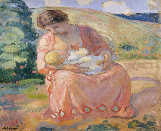 Gem├Ąlde mit dem Titel "Mutter und Kind" von Paul C├ęzanne, das eine Frau auf einer Bank sitzend zeigt, die ein Baby h├Ąlt, umgeben von Grün unter einem blauen Himmel.