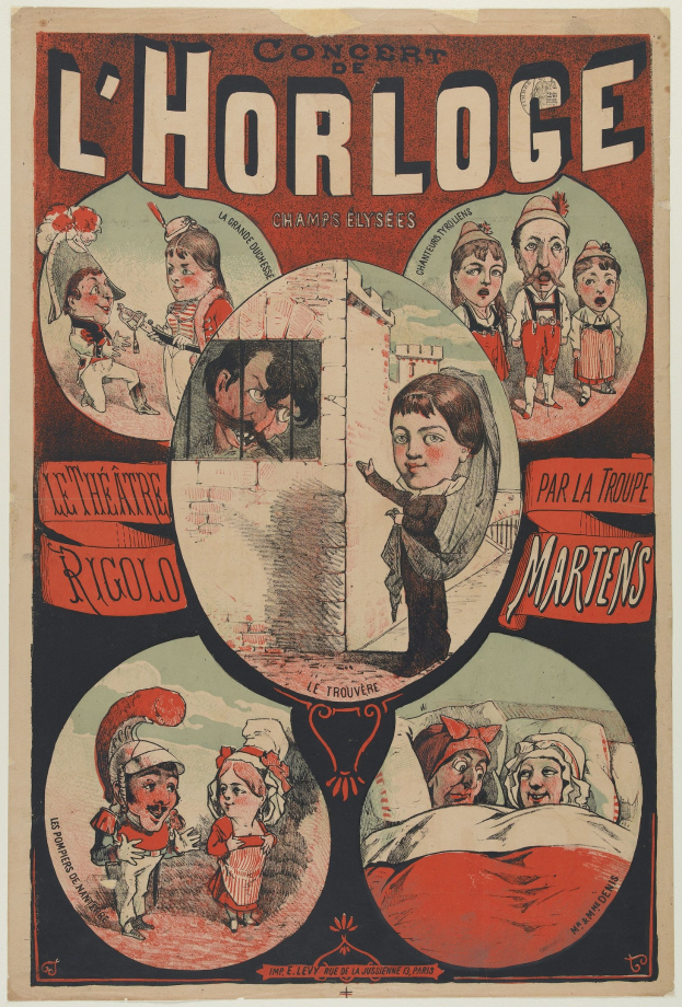 Plakat für ein Konzert im Chorloge Theater in Paris, das eine Gruppe von Menschen in farbenfrohen Kostümen in einer lebhaften Umgebung zeigt, mit Text drumherum.