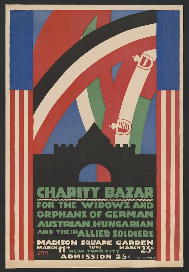 Plakat für eine Wohltätigkeitsbasar, der Witwen und Waisen deutscher, australischer, ungarischer und alliierter Soldaten unterstützt, mit Veranstaltungseinzelheiten im Text.