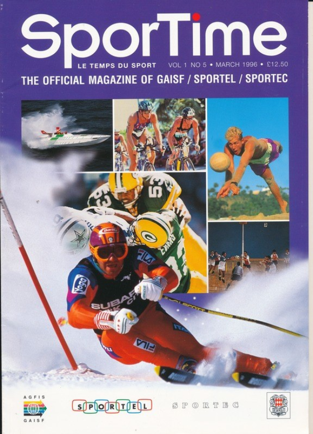 Titelbild des *Sporttime Magazins* März 1996 mit Skifahren und Snowboarden.