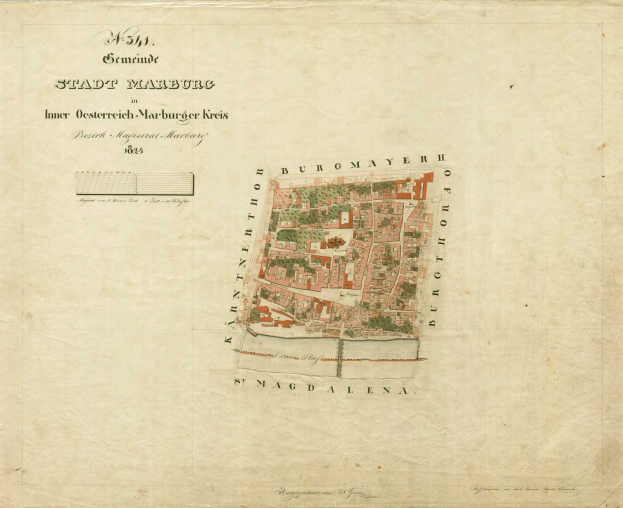 Detailierte alte Stadtplan von Marburg mit Straßen, Gebäuden und markanten Punkten mit beschreibenden Textännotationen.