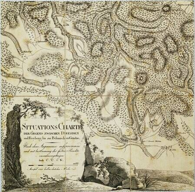 Alte Karte von London, England, mit Text zu Standorten und einer Tabelle der Route zwischen Dresden und Freiburg im Hintergrund.