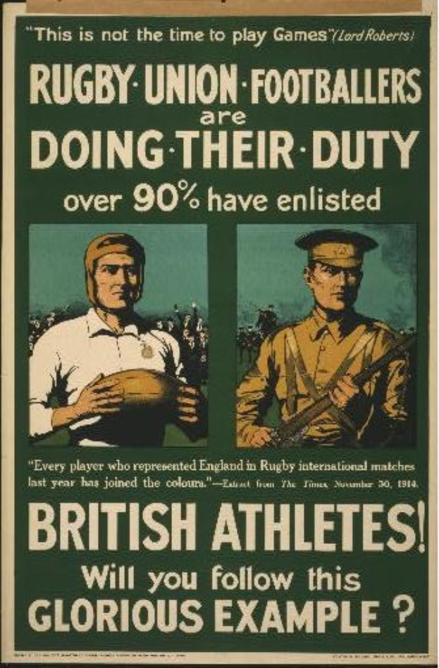Plakat mit zwei Rugby-Union-Fußballern in Uniform, Text gibt an, dass über 90 % der britischen Athleten eingezogen sind, wahrscheinlich Details ihrer Aufgaben.