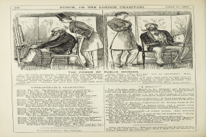 Ein altes Buch mit einer Illustration eines Mannes in einem Anzug, der in einem Stuhl sitzt und eine Frau neben ihm steht, beide mit ernsten Gesichtern, und der Titel "Die Macht der öffentlichen Meinung" auf der Seite sichtbar ist.