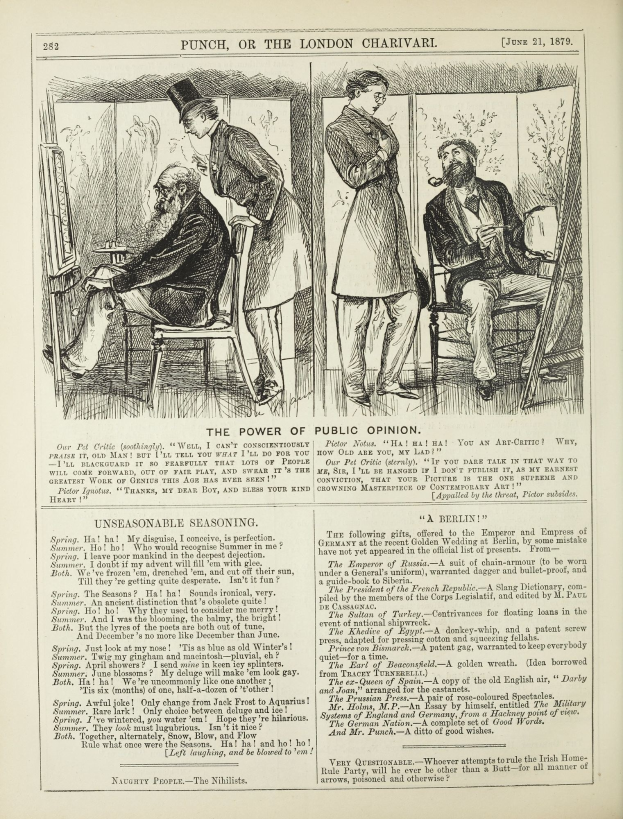 Ein altes Buch mit einer Illustration eines Mannes in einem Anzug, der in einem Stuhl sitzt und eine Frau neben ihm steht, beide mit ernsten Gesichtern, und der Titel "Die Macht der öffentlichen Meinung" auf der Seite sichtbar ist.