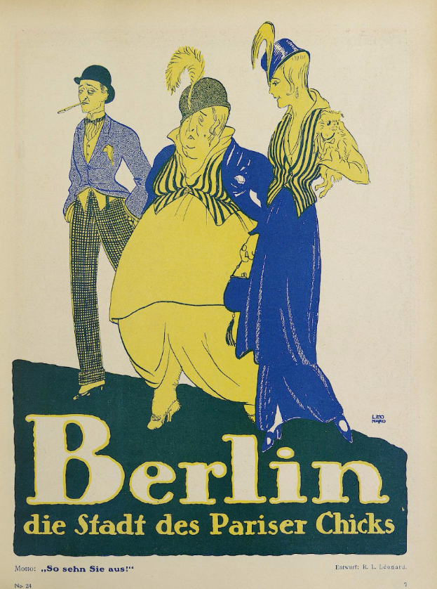 Ein Plakat für ein Konzert in Berlin, Deutschland, mit einer Gruppe farbiger Menschen vor einem Gebäude mit der Aufschrift "Berlin - Die Stadt des Pariser Chicks" öberall.