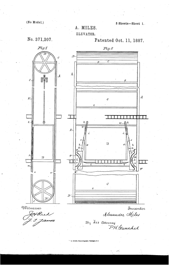 Patentzeichnung einer Maschine mit einem Rad, Motor und anderen Komponenten, beschriftet mit "US Patent 3711207" auf einem weißen Hintergrund.