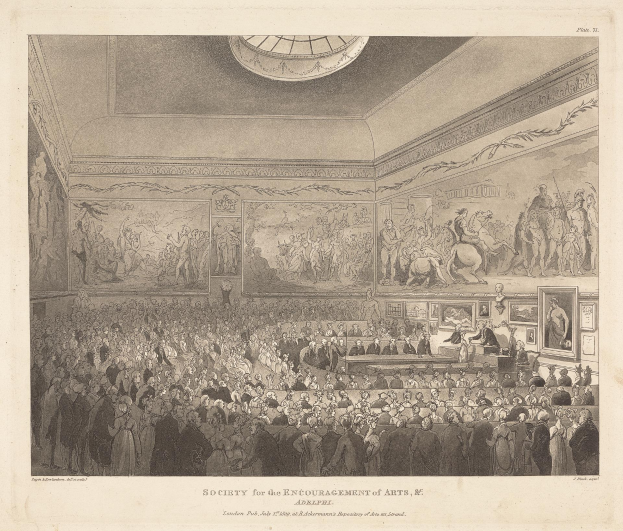 Eine Gravur eines großen Raums voller Menschen, einige stehen und einige sitzen, mit Foto Rahmen an den Wänden und einer Decke darüber, mit dem Text "Gesellschaft zur Förderung der Künste" unten.