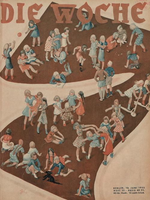 Deutsches Magazin-Cover aus Juni 1933 mit dem Titel 'Die Woche', das Kinder beim Spielen in einem Kreis zeigt