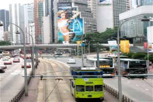 Eine belebte Stadtstraße mit verschiedenen Fahrzeugen, einschließlich Doppeldeckerbussen, hohen Gebäuden, einer Brücke und einem klaren blauen Himmel, mit Text unten.