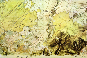 Ein detaillierter alter Stadtplan von Meysch, Deutschland, der Straßen, Gebäude und Sehenswürdigkeiten mit Text unten zeigt.