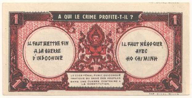 Ein altes französisches Banknoten mit einem ernst dreinblickenden Mann in einem Anzug, mit der Aufschrift "A qui le crime profite-il?" und einem weißen Hintergrund mit einem schwarzen Rand.