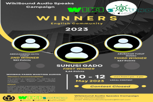 Ein buntes Plakat mit einem blauen Hintergrund und gelben und weißen Buchstaben, die in fetter Schrift 'Gewinner' lesen, mit lächelnden Menschen in der Mitte.