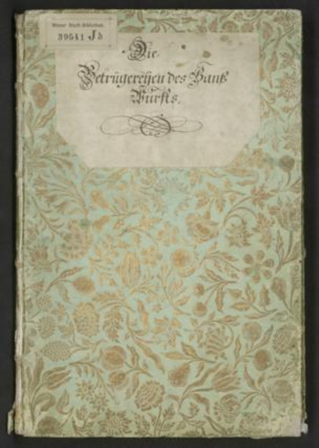 Ein altes Buch mit floraler Gestaltung auf dem Cover, betitelt "Die Betrugereierten der Bank fürs" vor schwarzem Hintergrund.
