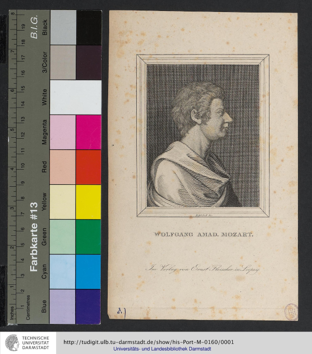 Porträt von Wolfgang Amadeus Mozart mit ernstem, nachdenklichem Gesichtsausdruck, dunklem kurzen Haar und direktem Blick, begleitet von einer Skala links und Text unten.