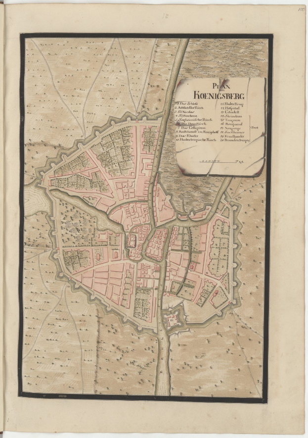 Ein detaillierter alter Stadtplan von Hohensberg, Deutschland, in einem alten Buch dargestellt, das Straßen, Gebäude und Sehenswürdigkeiten sowie begleitenden Text zur Stadt zeigt.