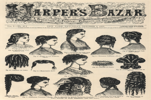 Schwarz-weiß-Kollage von Frauen mit verschiedenen Hairstyles aus *Harper's Bazaar*, begleitet von gedrucktem Text.