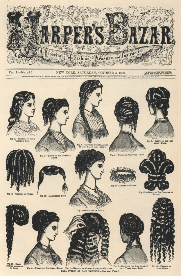 Schwarz-weiß-Kollage von Frauen mit verschiedenen Hairstyles aus *Harper's Bazaar*, begleitet von gedrucktem Text.