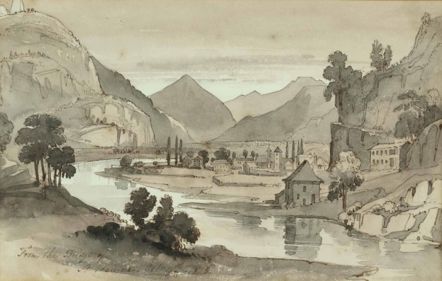 Eine Zeichnung eines Flusses, der durch eine bergige Landschaft mit Bäumen, Häusern und Bergen im Hintergrund verläuft, mit der Aufschrift 'Von der Brücke des Rheins' unten.