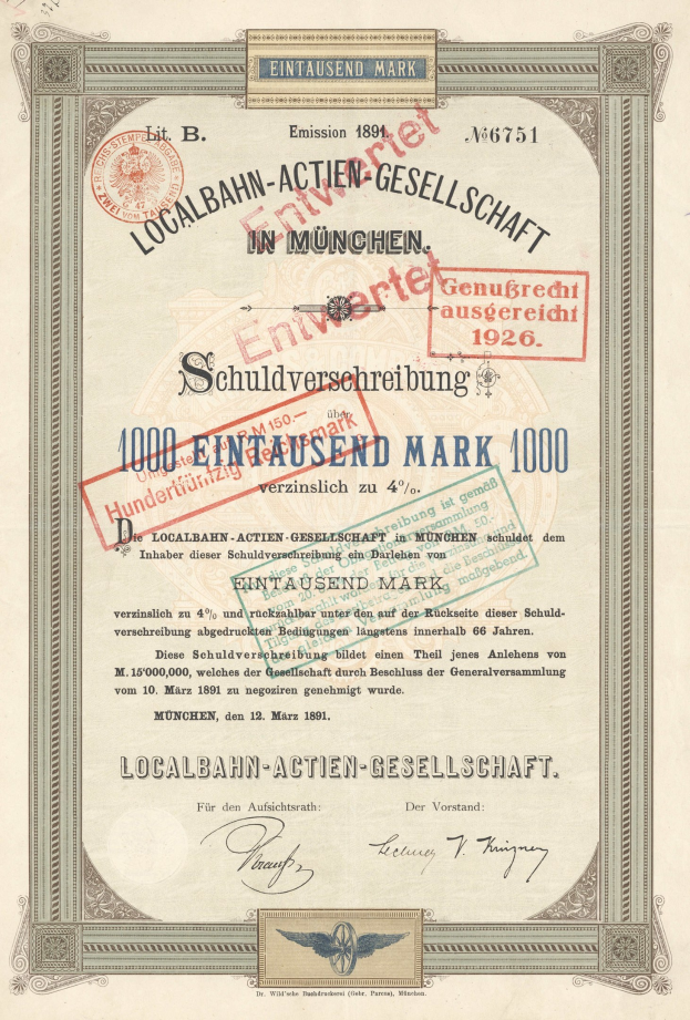 Altes deutsches Aktienzertifikat mit rotem Stempel und Textangabe.
