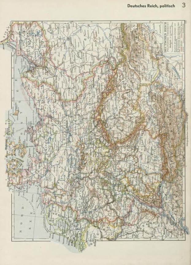 Alte Karte aus dem 19. Jahrhundert, die die politischen Grenzen Deutschlands zeigt, auf altem Papier mit Text oben und unten gedruckt.