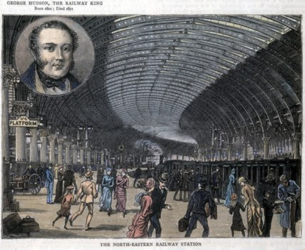 Gravur einer 19. Jahrhundert-Bahnhofszene mit Menschen, Säulen, einem Wagen und Porträts von George Hudson oben und Text unten.
