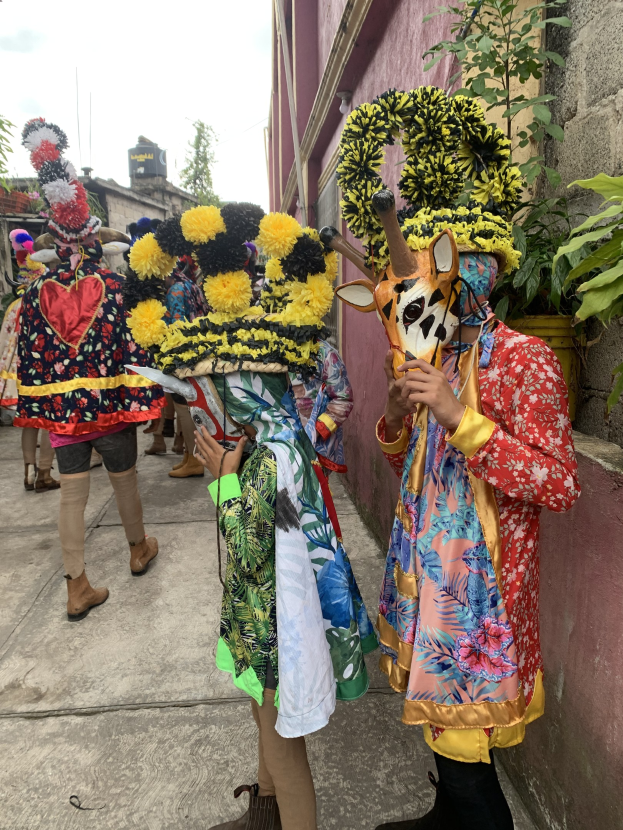 Eine Gruppe von Menschen in bunten Kostümen, die gemeinsam auf einem Umzug durch die Stadt marschieren, mit Bäumen, Gebäuden und einem klaren blauen Himmel im Hintergrund.