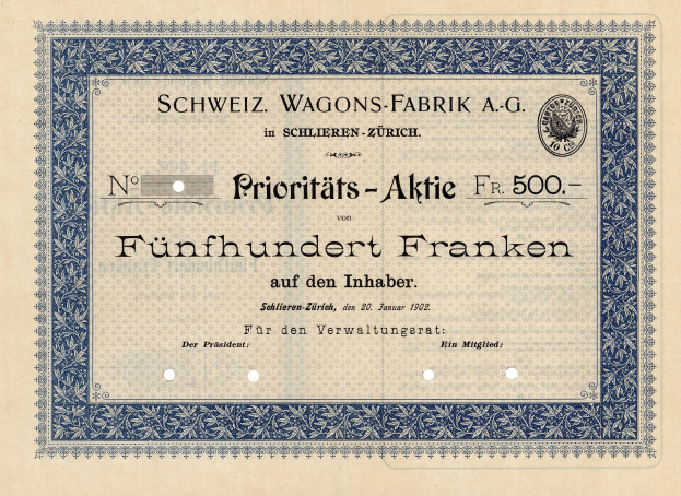 Ein altes deutsches Aktienzertifikat mit blauem Rand, das den Text "Schweiz Wagons-Fabrik A.G." trägt