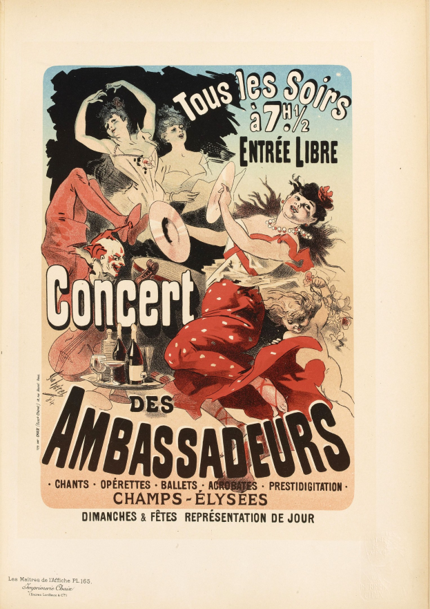 Ein Plakat für ein Konzert mit "The Ambassadors", das eine Frau in der Mitte umgeben von anderen zeigt, sowie Text, der das Ereignis beschreibt.