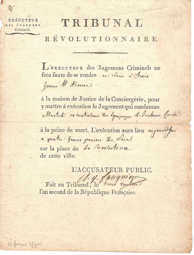 Gelblicher Rechtsdokument mit der Überschrift "Tribunal Révolutionnaire", der Hinrichtungsurteile in Frankreich detailliert.