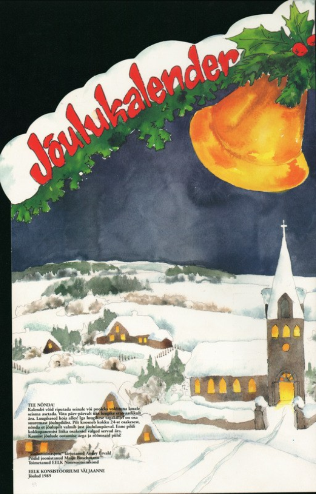 Weihnachtskartenplakat mit verschneitem Dorf, Kirche, Glocke am Zweig und dem Text "Joulukalenteri".