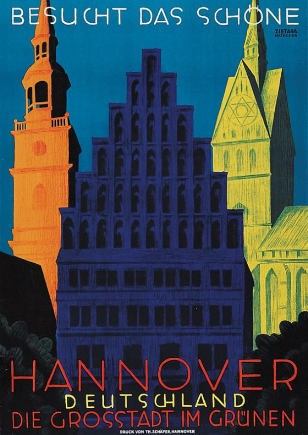 Plakat, das Hannover, Deutschland, mit Gebäuden, Bäumen und Text über die Stadt bewirbt