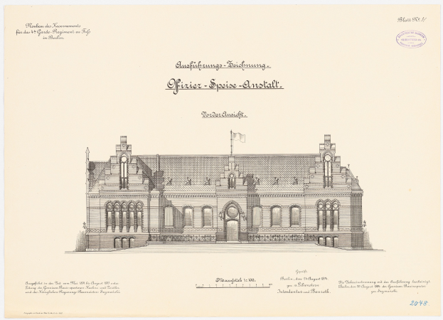 Eine Zeichnung des Reichstagsgebäudes, des Hauptsaals des Deutschen Parlaments in Berlin, gekrönt von einer Flagge, begleitet von Text auf dem Papier.