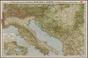 Ein detailliertes strategisches Kriegs-Kartenmaterial von Europa mit einem schwarzen Rand, das verschiedene Länder und Regionen während des Krieges zeigt.
