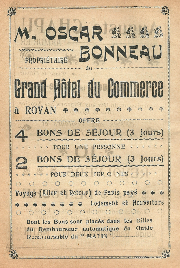 Werbung für das Grand Hotel du Commerce in Paris mit Text, der die Hotelangebote bewirbt.