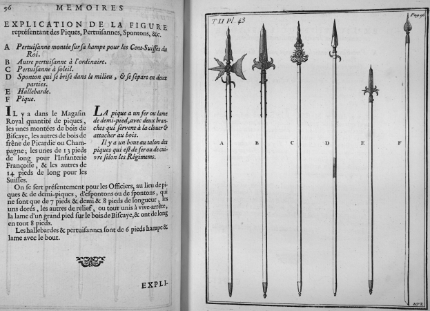 Offene Buchseite mit symmetrischen Illustrationen von Schwertern, Speeren und Schilden, begleitet von fettem Text innerhalb eines dekorativen Rahmens.