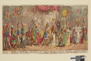 Eine Gruppe von Menschen in bunten Kostümen steht vor einer Bühne mit einem Vorhang, die den Großen Karneval von Napoleon, dem Kaiser von Frankreich, von der Kirche Saint-Denis, Dezember 1785, feiern, wobei einige Fahnen und Dekorationen halten.
