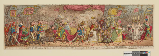 Eine Gruppe von Menschen in bunten Kostümen steht vor einer Bühne mit einem Vorhang, die den Großen Karneval von Napoleon, dem Kaiser von Frankreich, von der Kirche Saint-Denis, Dezember 1785, feiern, wobei einige Fahnen und Dekorationen halten.