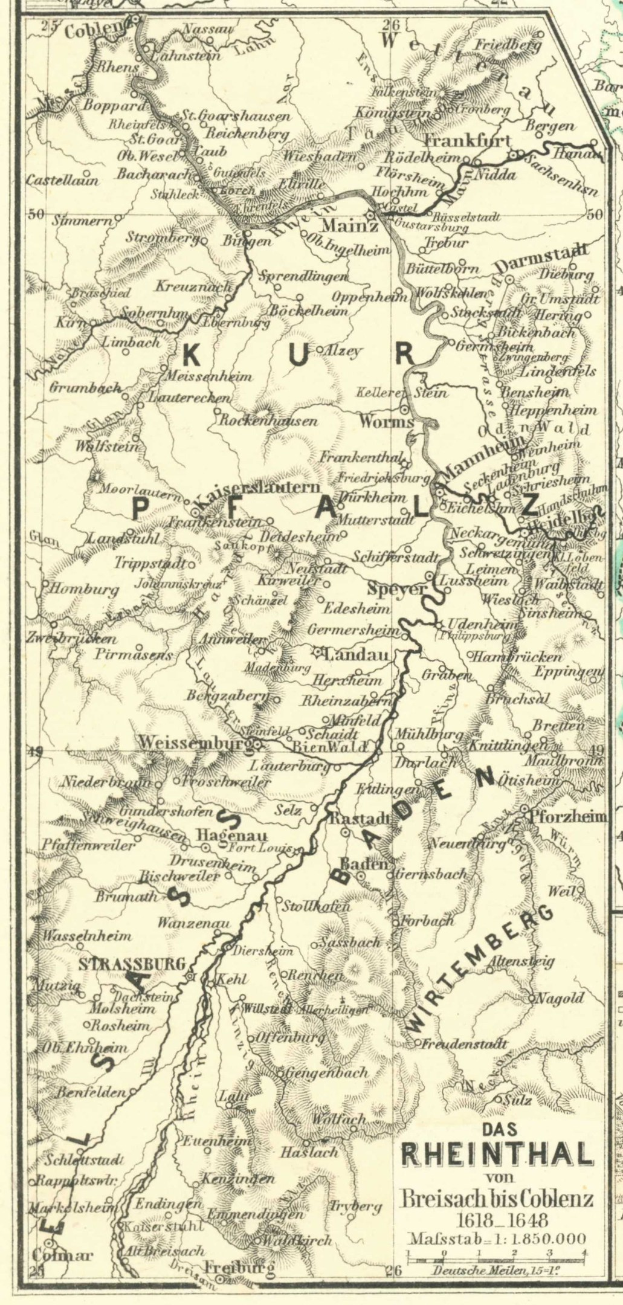Alte Karte des Rheins in Deutschland, die Flüsse, Städte und Gewässer zeigt.
