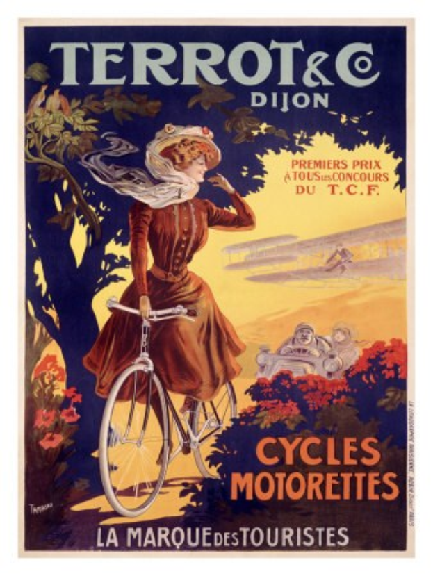 Ein Plakat, das eine Fahrradtour in Frankreich ankündigt, zeigt eine Frau, die ein Fahrrad unter Bäumen, Blumen und anderen Radfahrern fährt, mit Text, der die Tour beschreibt.